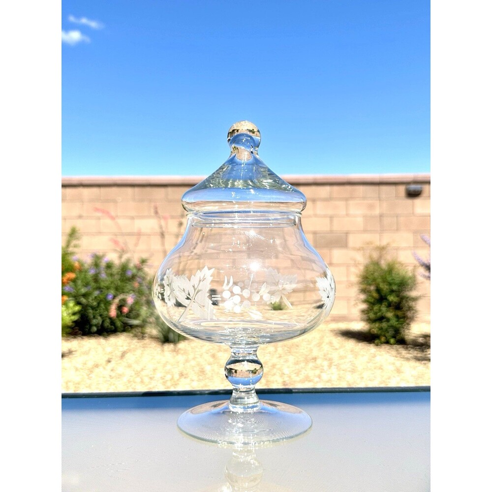 Rayware Made in Turkey Crystal Apothecary Jar with Lid Etched Leaf & Grape Vtg